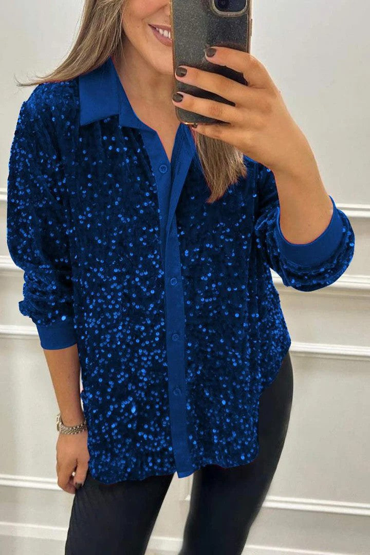 Kvindernes Funklende Paillet Bluse med Klassisk Krave Stilla