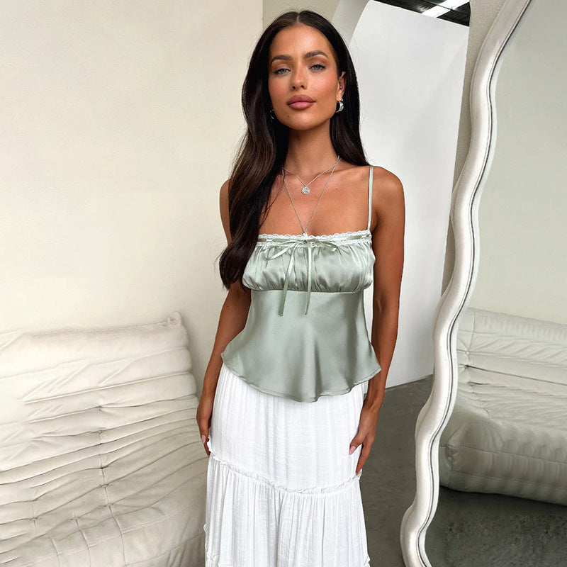 Dame elegant satin-cami-top med spids og justerbare stropper Skovae