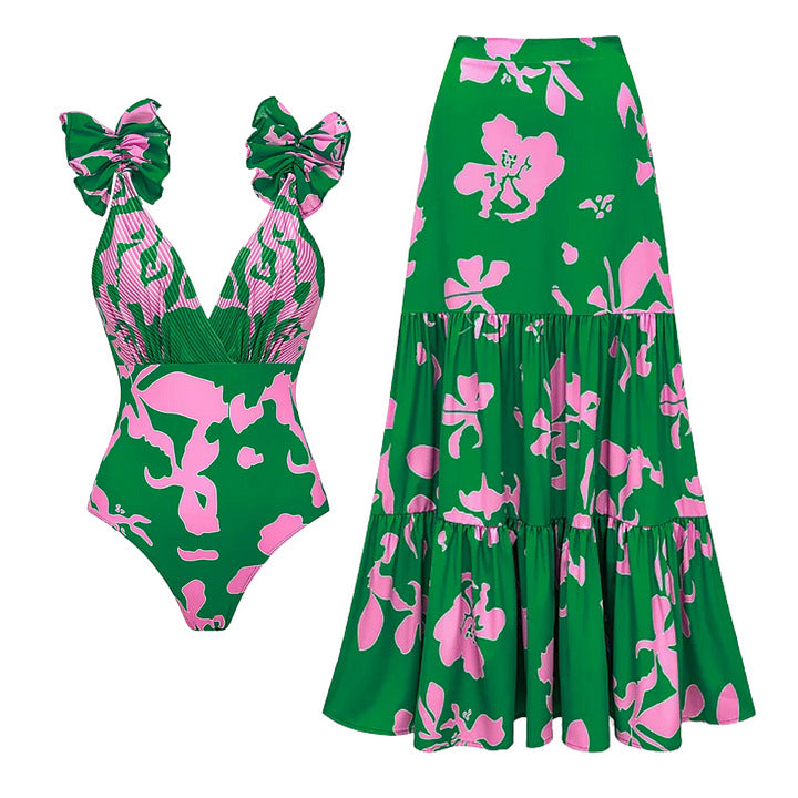 Dame one-piece badedragt med voluminøse flæser og blomstret design Skovae