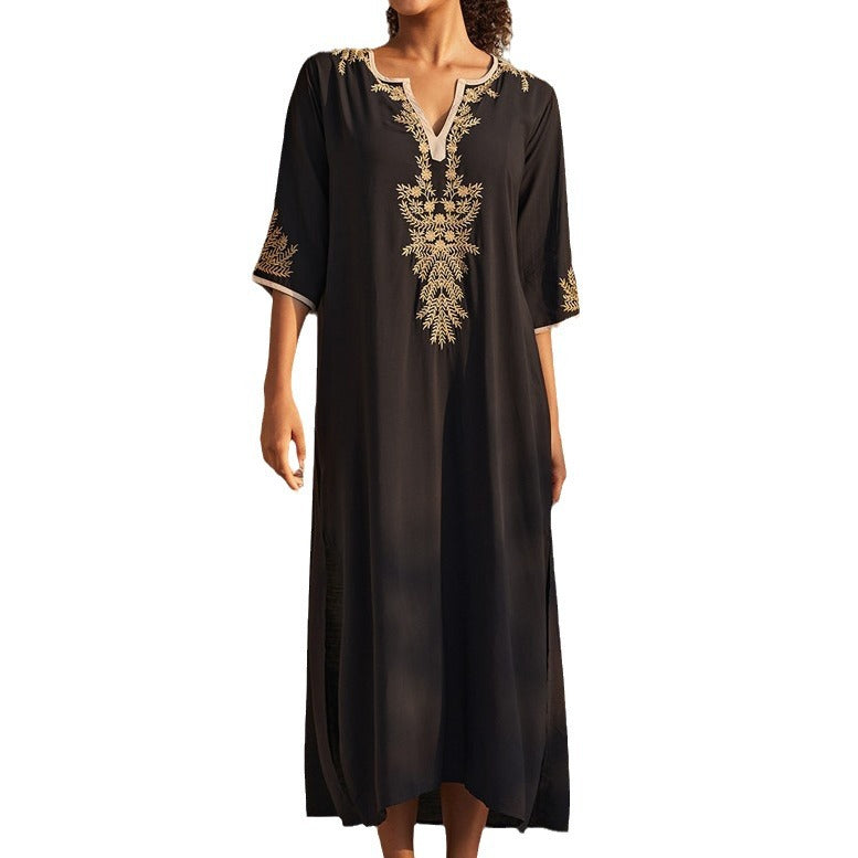 Dame Maxi-Kaftan med elegant guldbroderi Stilla