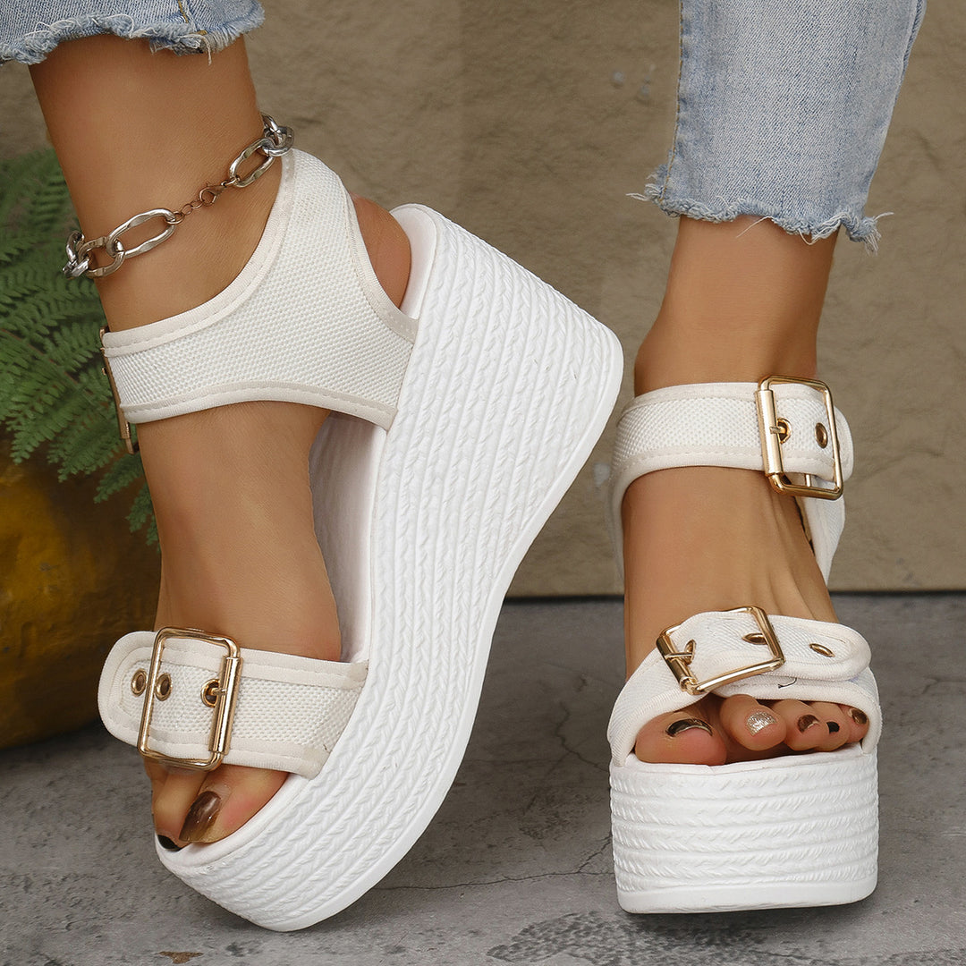 Dame nan Espadrille-Plateau-Sandalette med tekstilremme, store metalspenne og polstret komfortfodseng Skovae