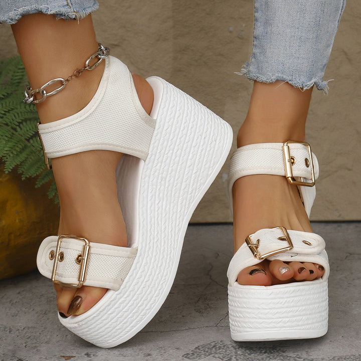 Dame nan Espadrille-Plateau-Sandalette med tekstilremme, store metalspenne og polstret komfortfodseng Skovae