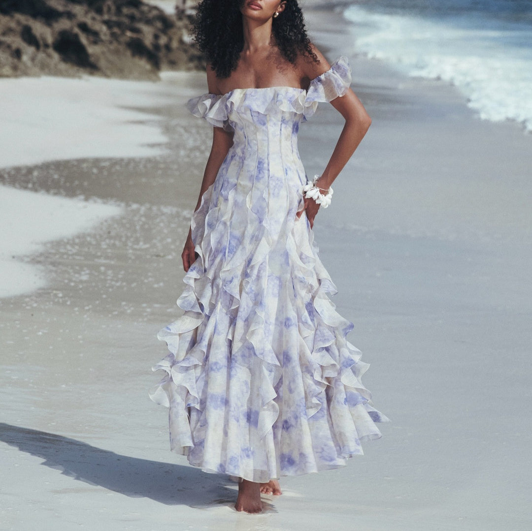 Dame Off-Shoulder Aftenkjole med flæseprydet chiffon og figurnær pasform Stilla