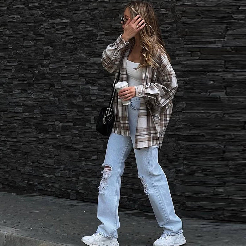 Dame Karo-Skjortejakke med oversize snit Stilla
