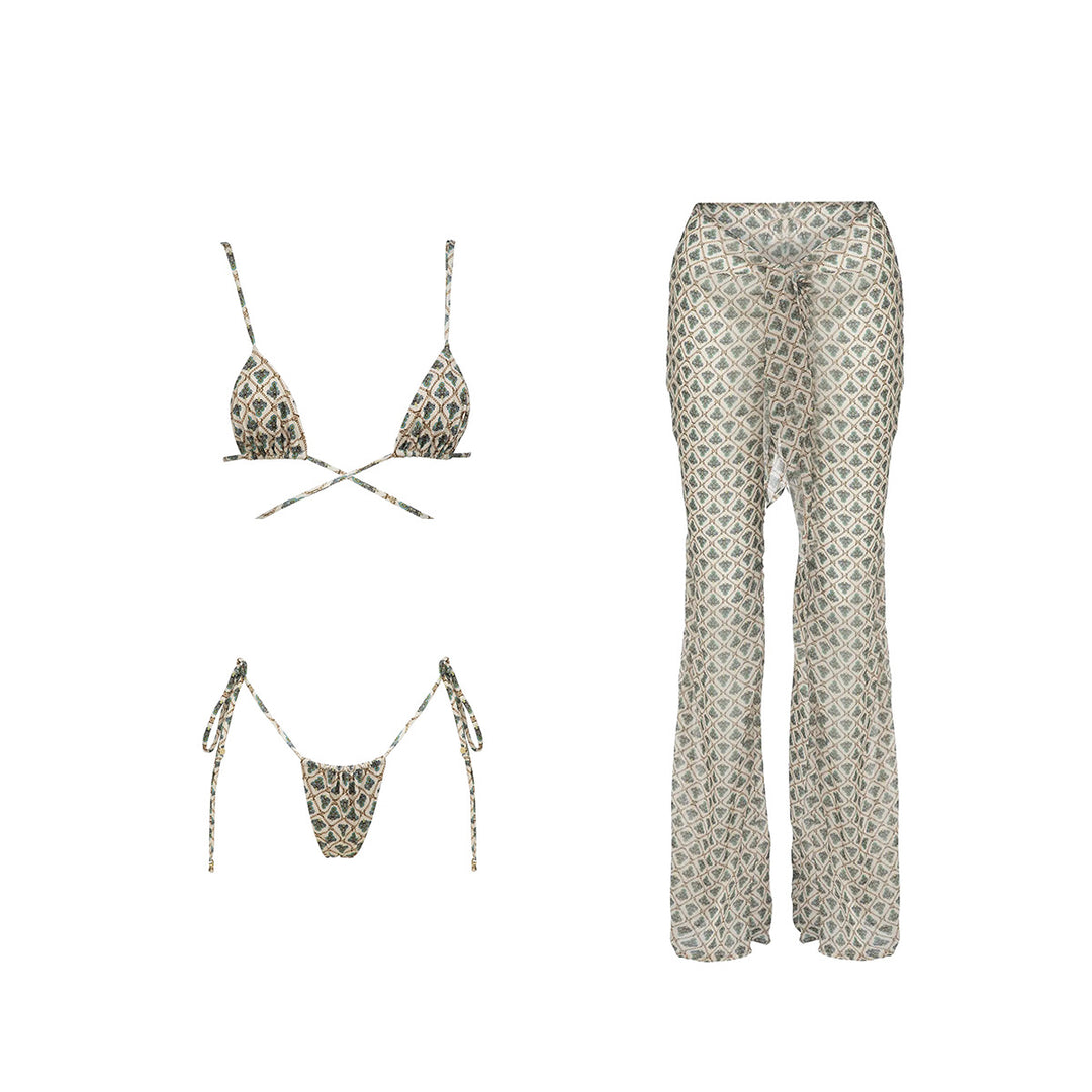 Dame triangel-bikini-sæt med ensfarvede bukser og blomsterdesign Stilla