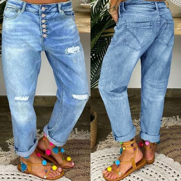 Dame Boyfriend Jeans med knapstolpe og afslappede destroyed-detaljer Stilla