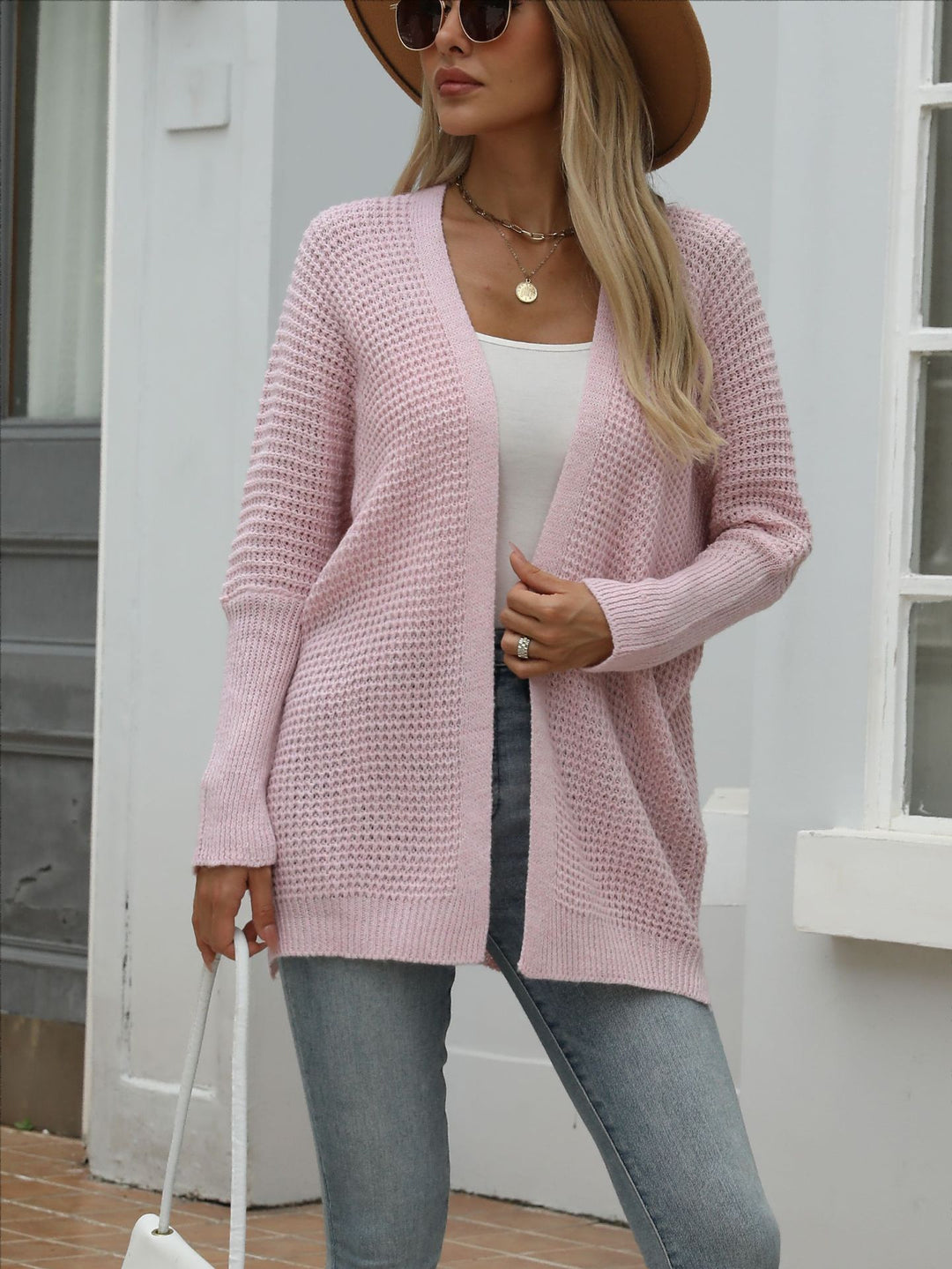 Kvinders afslappede strik cardigan med åben front og grov tekstur Stilla
