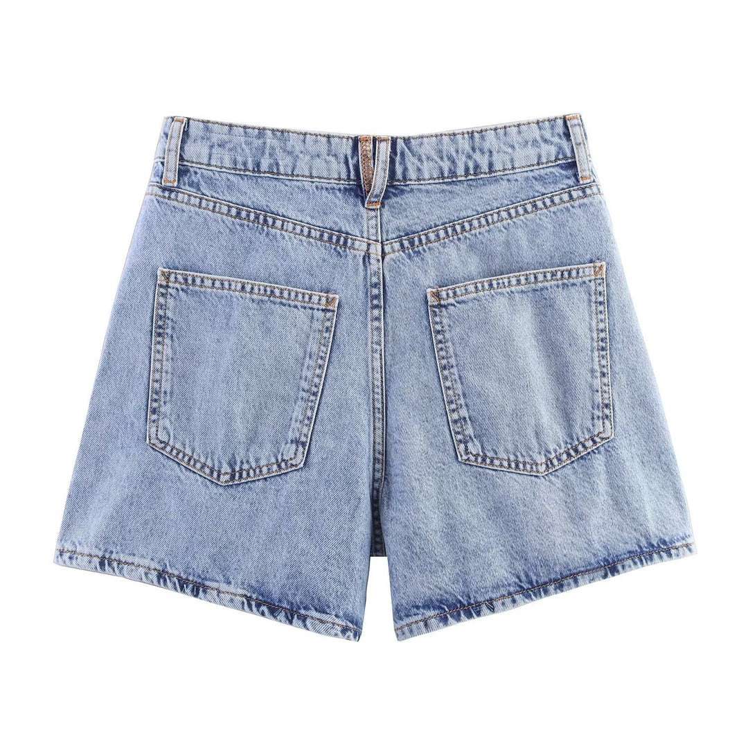 Dame jeansshorts i afslappet vintage-stil med høj talje og sidelunger Skovae