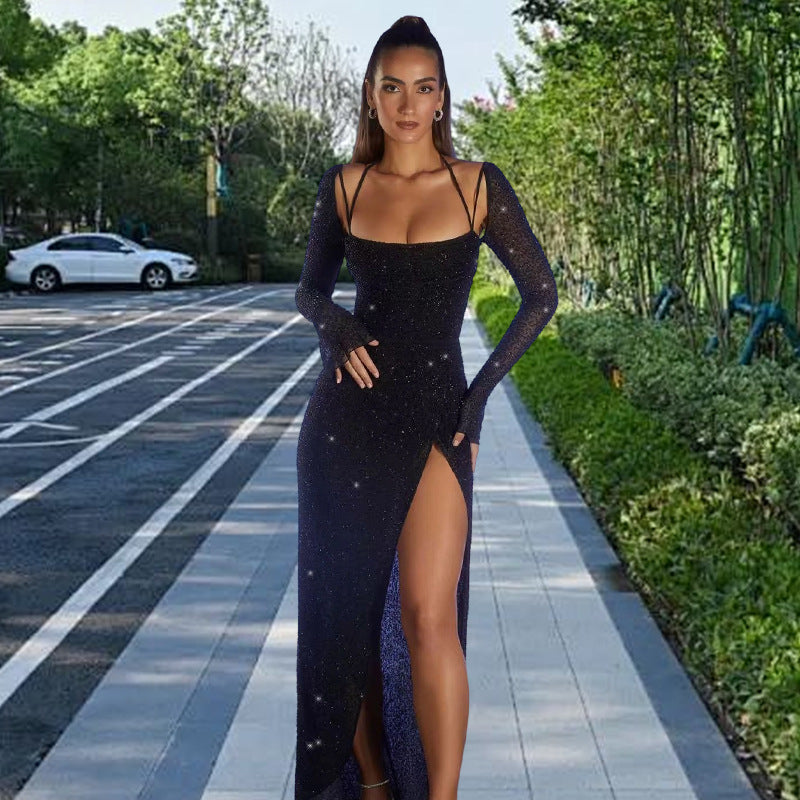 Damer Glamorous Maxi Kjole med Glitrende Detaljer og Side Slid