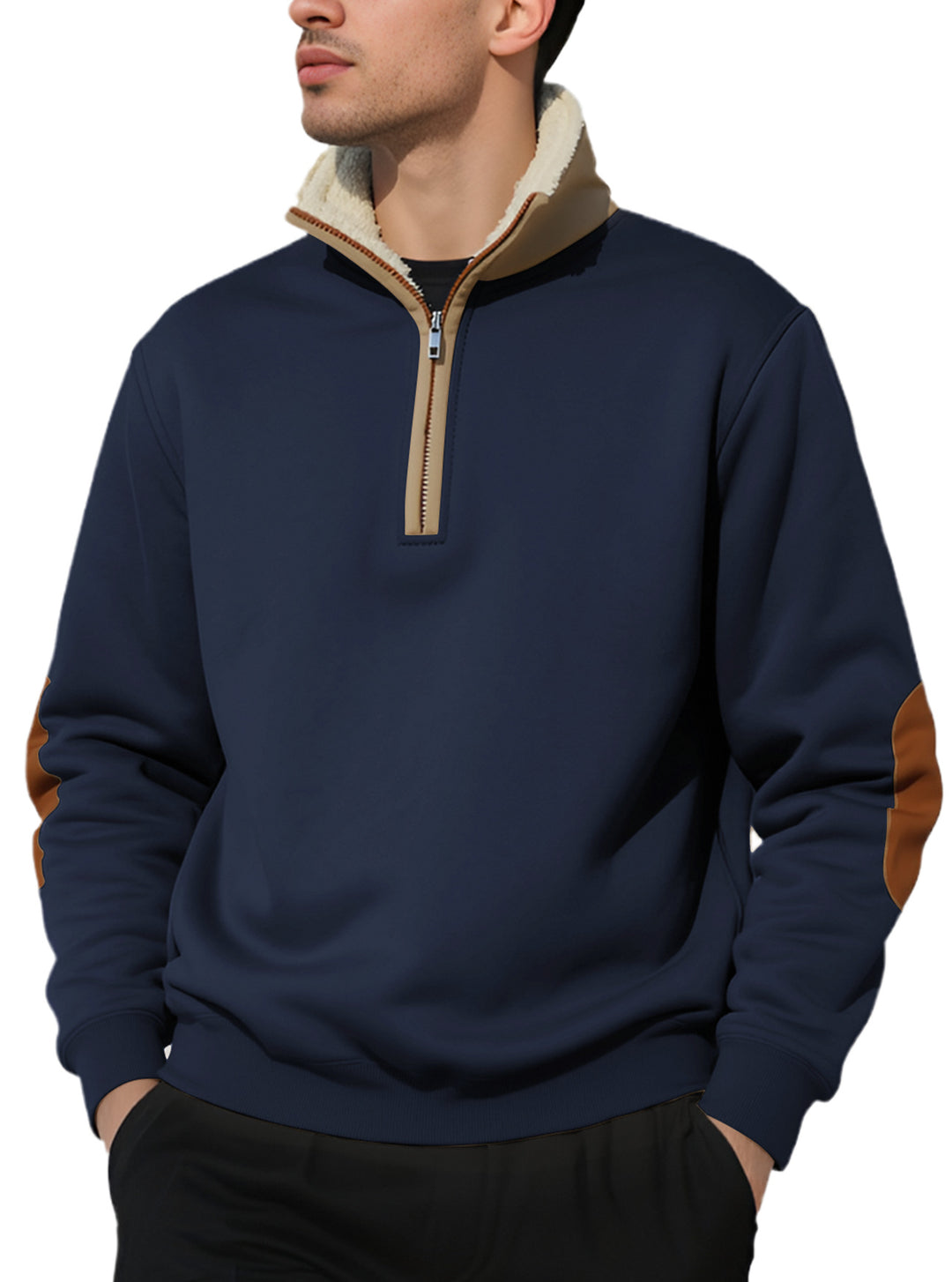 Herre nan legeres halvzip-sweatshirt med sherpa-futteret ståkrave og kunstlæder-albueapplikation Skovae
