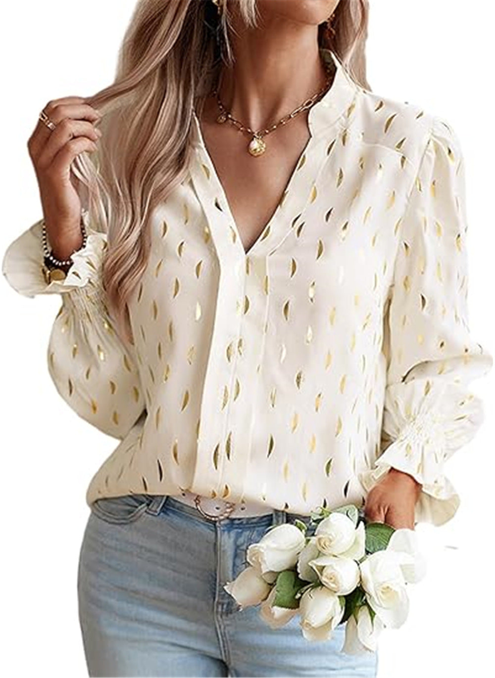 Damebluse med elegant guldmønster Stilla