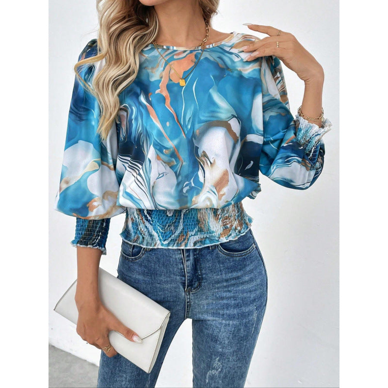 Femme Bluse med rynket talje og kunstnerisk tryk Stilla