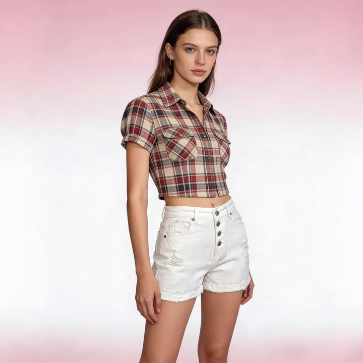 Dame cropped Denim-jakke med to lommer Skovae