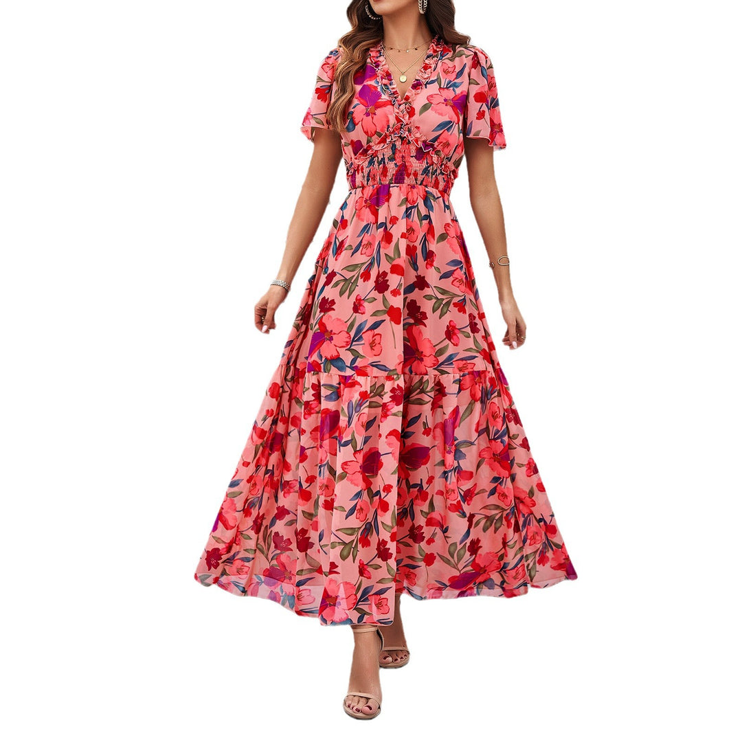 Dame Midi-Kjole med floral rynkning og elegant V-udskæring Skovae