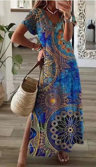 Kvinder Kunstnerisk Boho Tryk Maxi Kjole Stilla