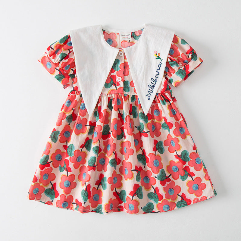 Pige Korte Ærmer Floral Print Kjole med Kontrastkrave Stilla