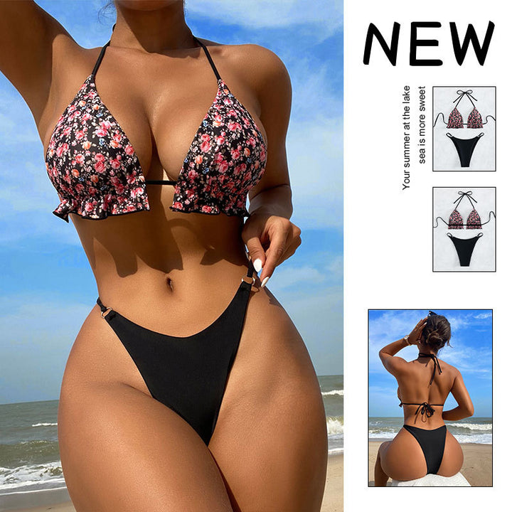 Dame triangel-bikini med flæsedetaljer og blomsterprint Skovae