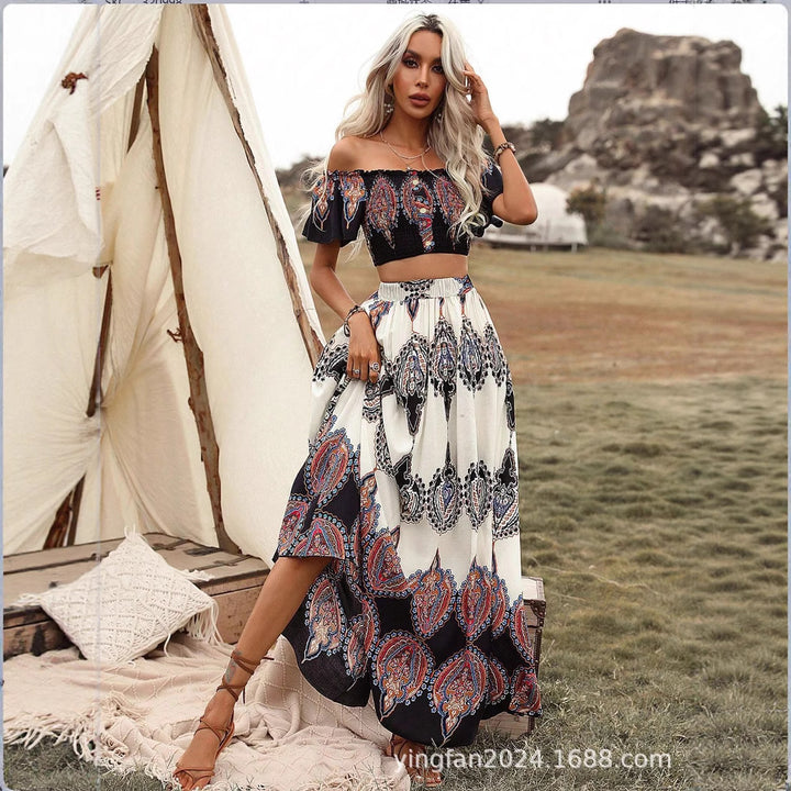Dame Bohemian Crop Top og Maxi Skirt Sæt Stilla