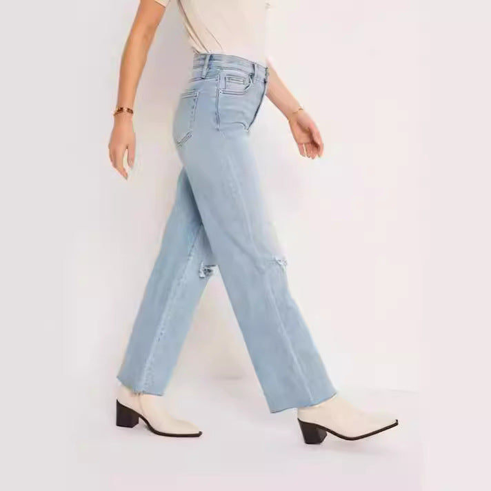 Dame High-Waist Jeans med frynsede kanter og modede revnedetaljer Skovae