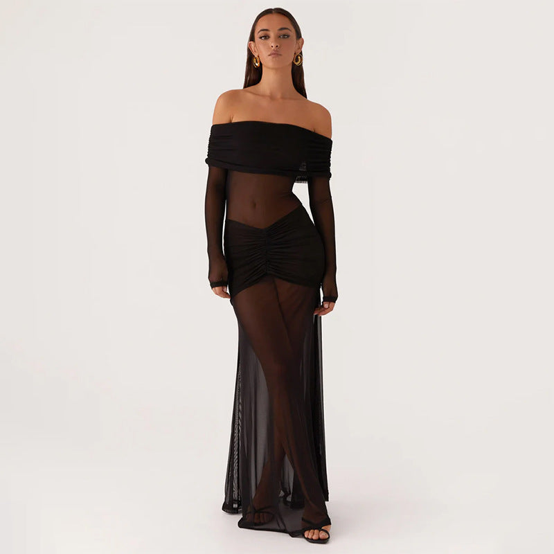 Damer gennemsigtigt maxikjole med off-shoulder design og flæser Skovae