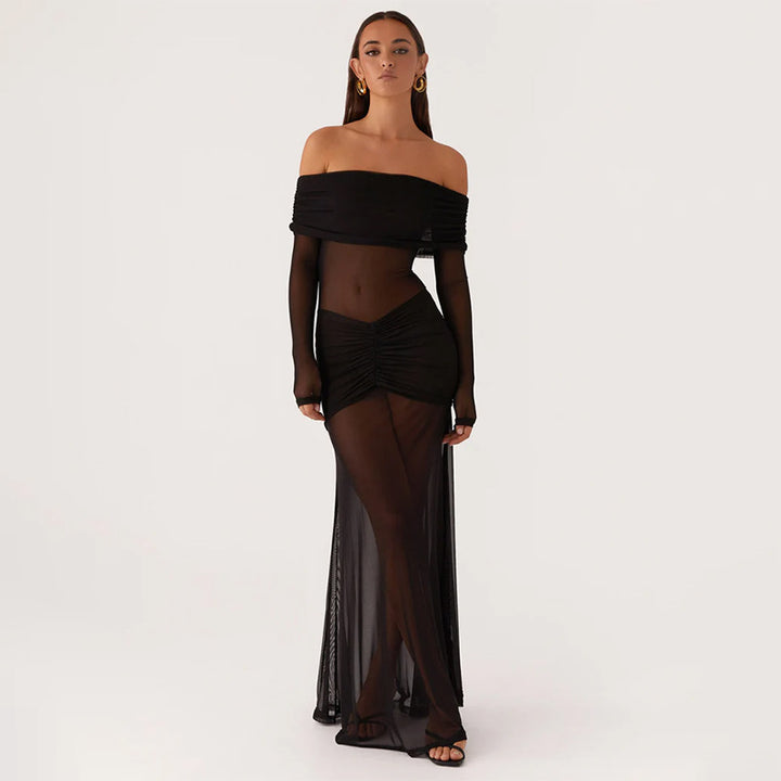 Damer gennemsigtigt maxikjole med off-shoulder design og flæser Skovae
