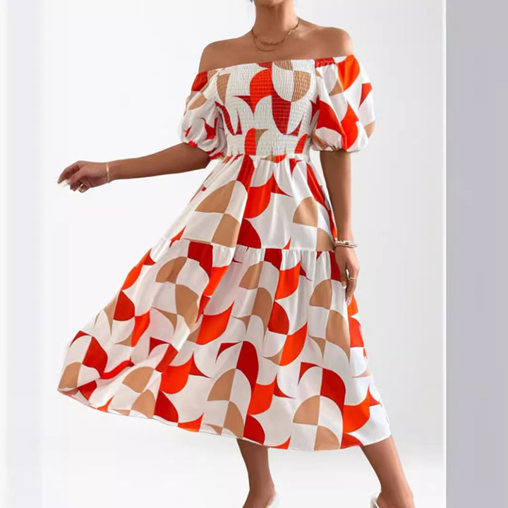 Dame Off-Shoulder Maxikjole med ballonformede ærmer og geometrisk mønster Stilla