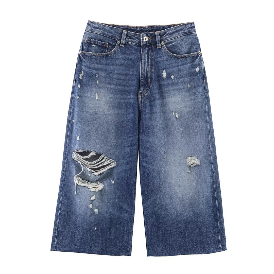 Damevidt skåret jeans i afslappet destroyed-design Skovae