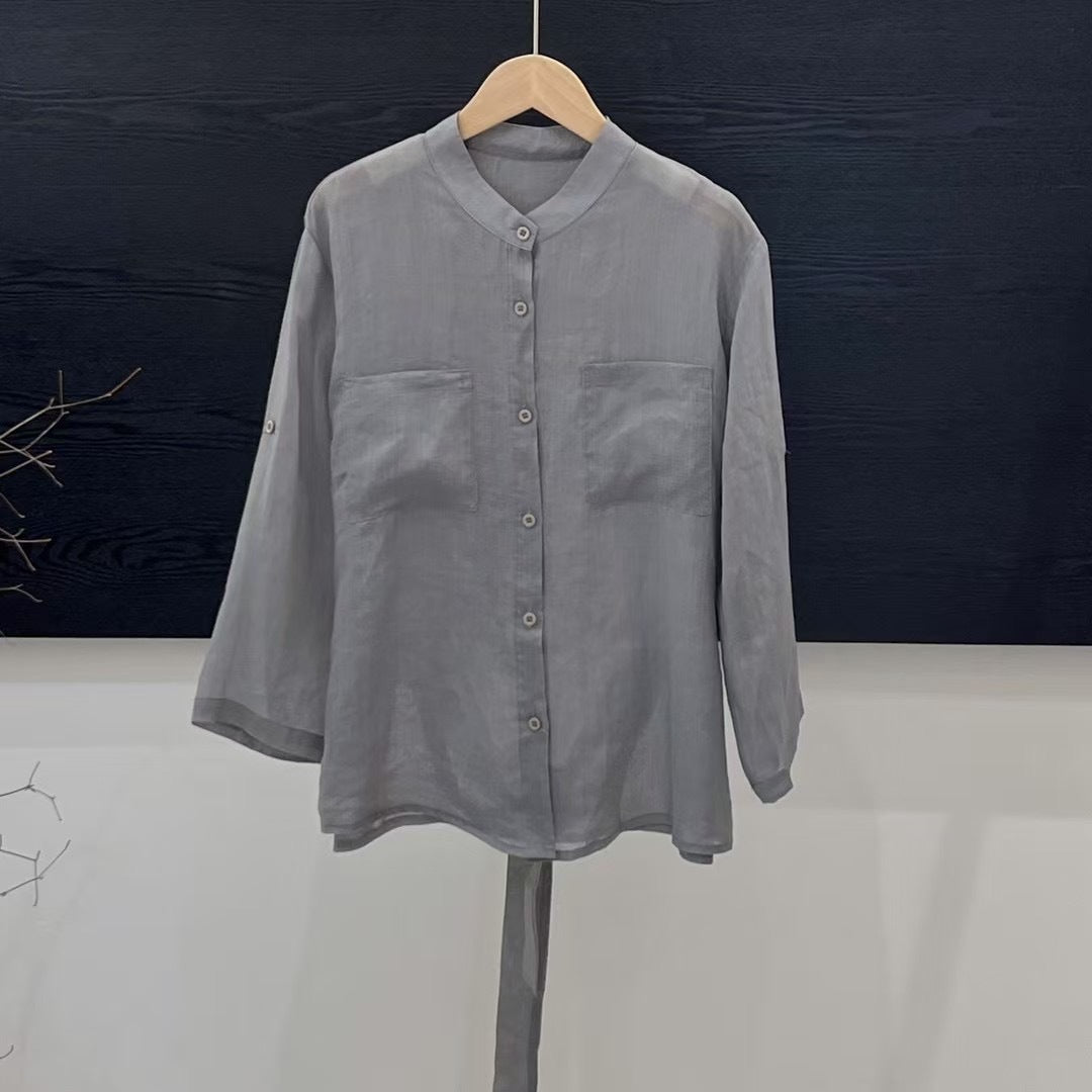 Femme Relaxed Fit Langærmet Button-Up Skjorte med Lommer Stilla