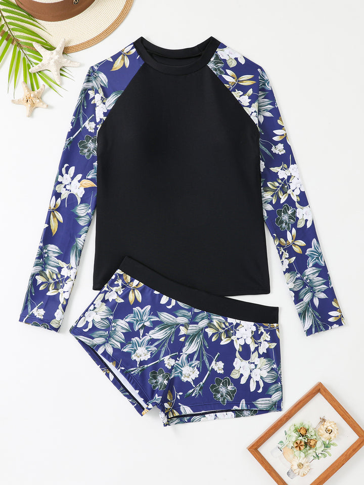 Dame Langærmet Svømmedragt Sæt med blomstret mønster og behagelige shorts Stilla
