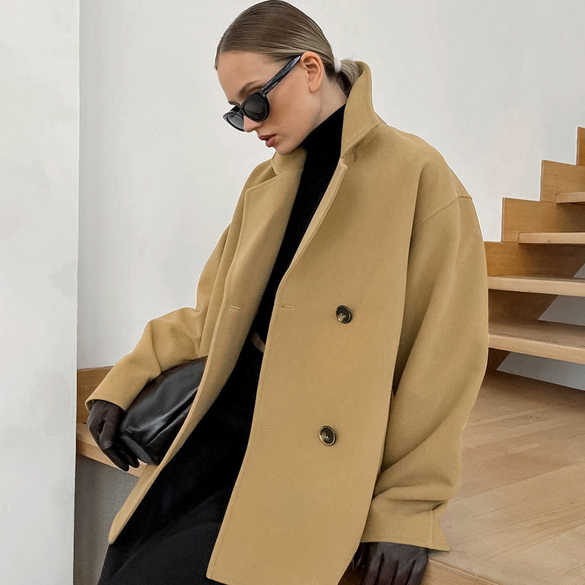 Dame Elegant Oversized Uldjakke med dobbelt knaplukning og praktiske lommer Stilla