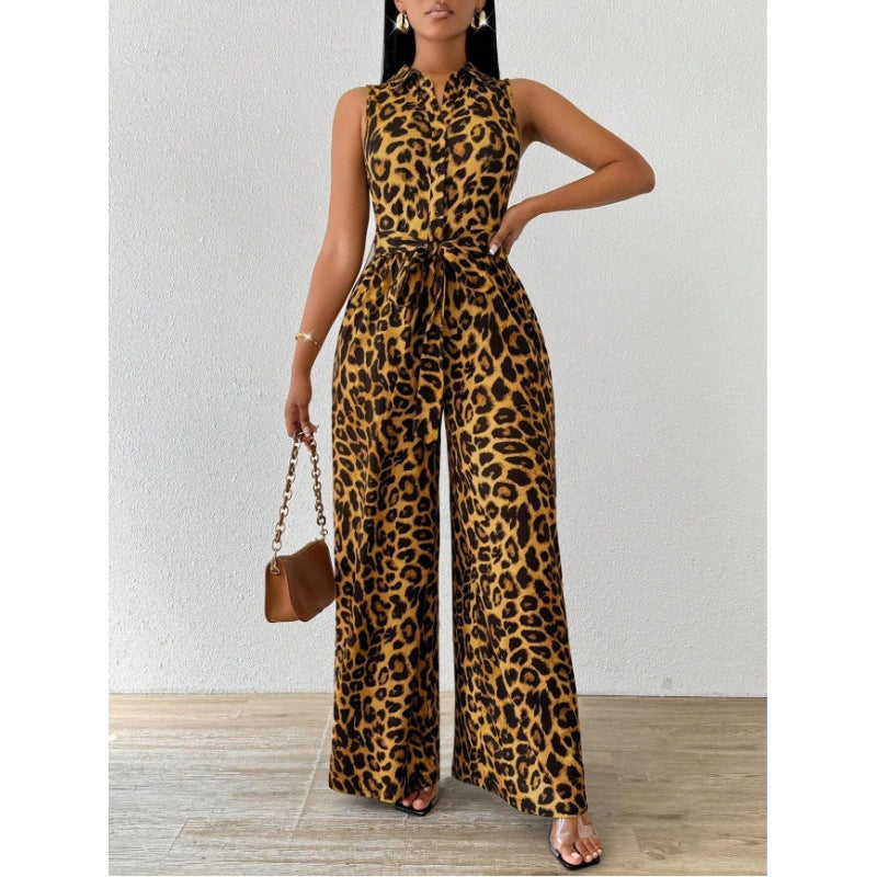 Dame jumpsuit med leopardmønster og taljebælte Skovae
