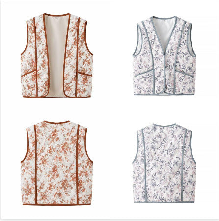 Kvinder Quiltet Vest med blomstertryk og praktiske lommer Stilla