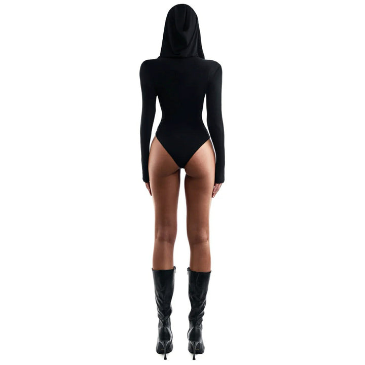 Dame langærmet bodystocking med hætte og dyb V-udskæring Skovae