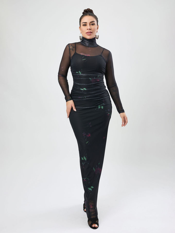 Dame Elegant Maxikjole med transparente ærmer og floraltryk Stilla