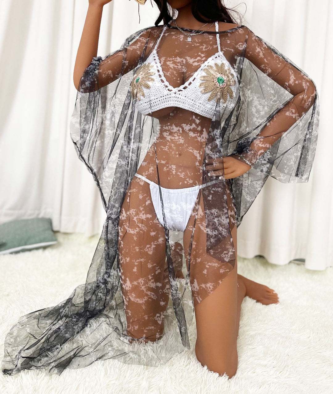 Dame transparent strandoverdel med blomstermotiv Stilla