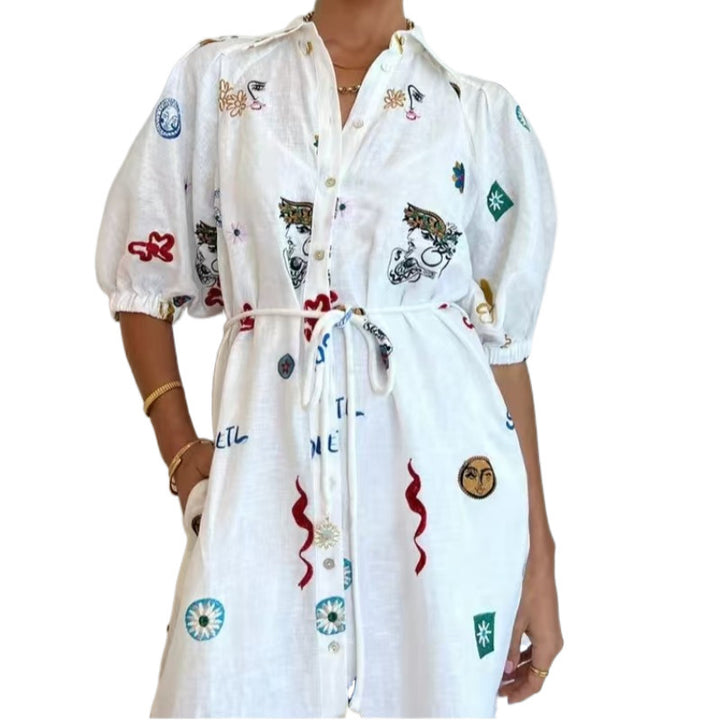 Dame Broderet Button-Up Maxi Skjorte Kjole Stilla