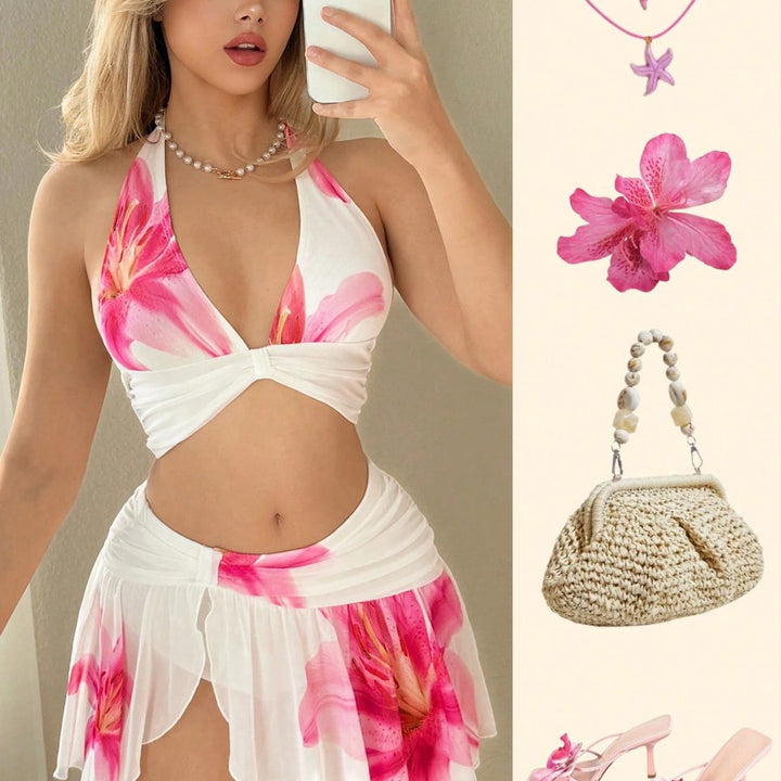Dame bikini sæt med moderne indpakningsdesign og blomsterkjole Skovae