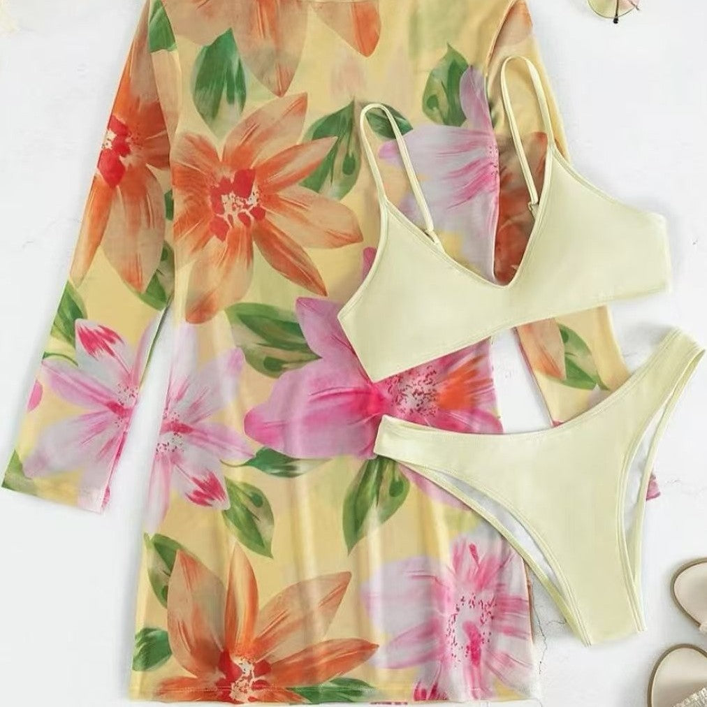 Dame bikinisæt med gennemsigtig cover-up og blomstermønster Stilla