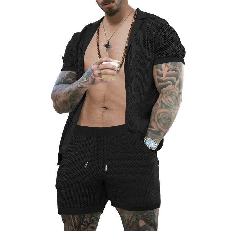 Herrer nan åben netstrik-cardigan med matchende snortræk-shorts Skovae
