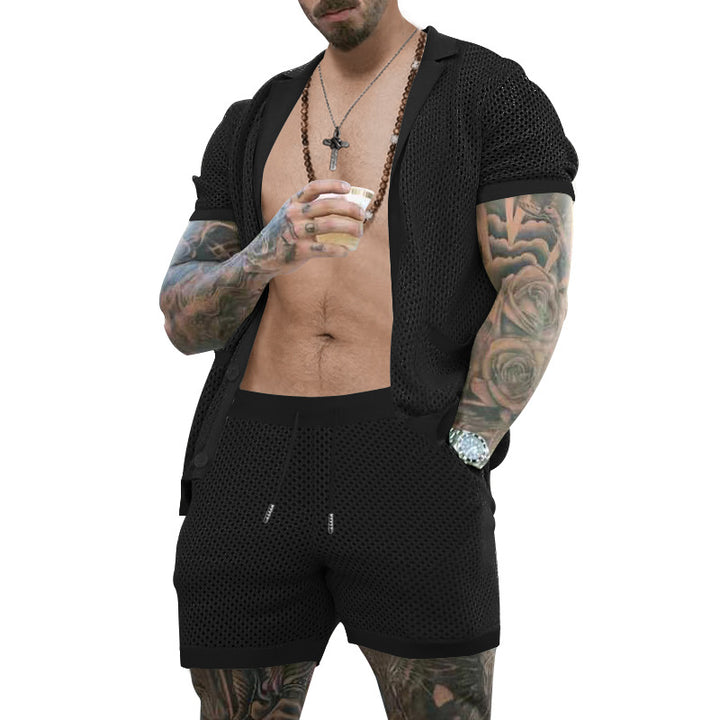 Herrer nan åben netstrik-cardigan med matchende snortræk-shorts Skovae