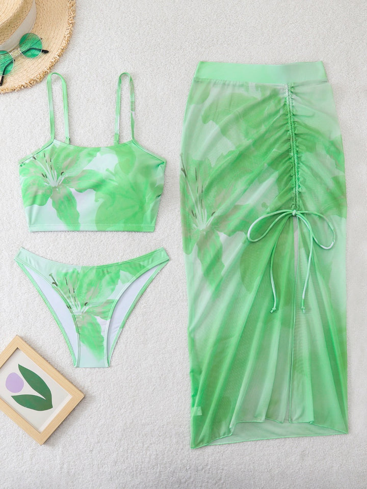 Dame Bikini-sæt med floralt Balconette-top og gennemsigtig sarong skjørt Skovae