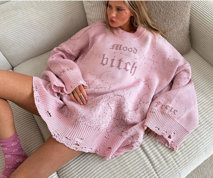 Dame Oversized Strikpullover med afslappede trykdetaljer og modemæssig vask Stilla