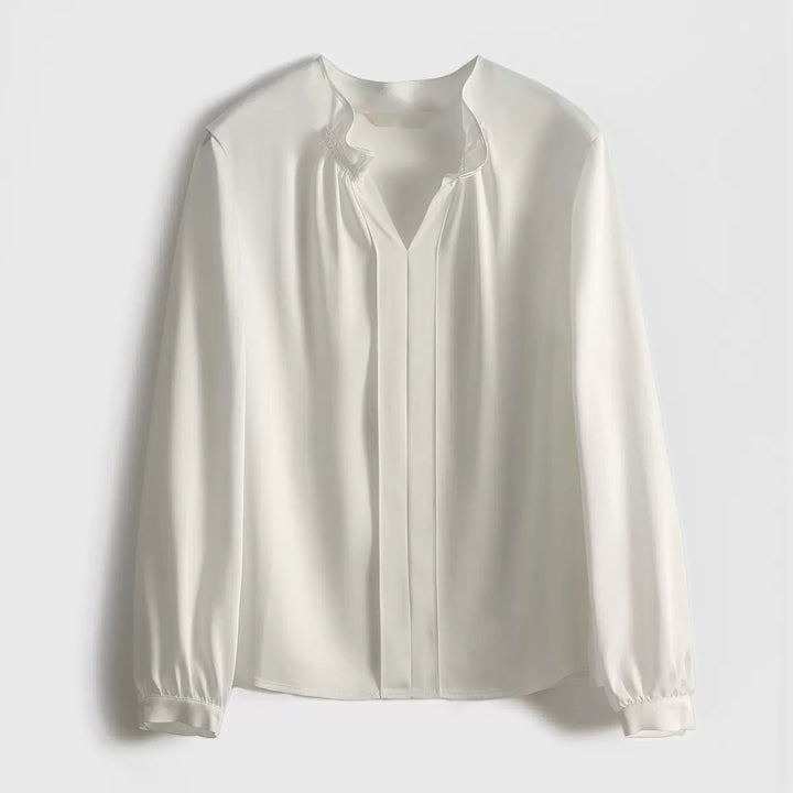 Dame elegant bluse med ståkrave og detaljerede flæsedetaljer Stilla