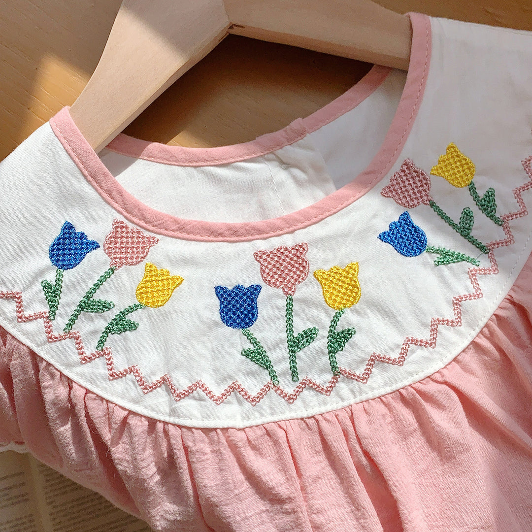 Pige Broderet Blomsterkjole med Flæseærmer Stilla