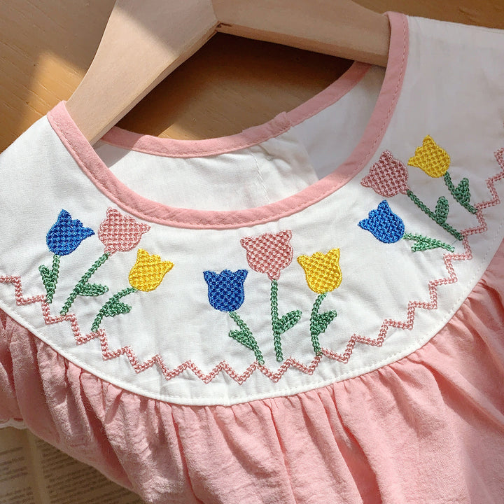 Pige Broderet Blomsterkjole med Flæseærmer Stilla