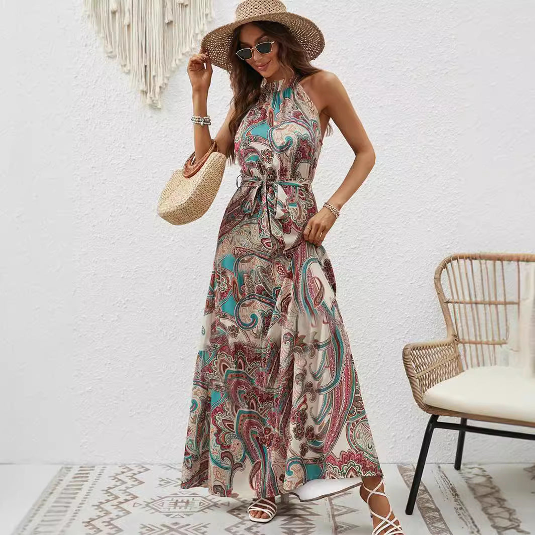 Dame Maxikjole i Boho-stil med Høj Krave og Bindebælte Skovae