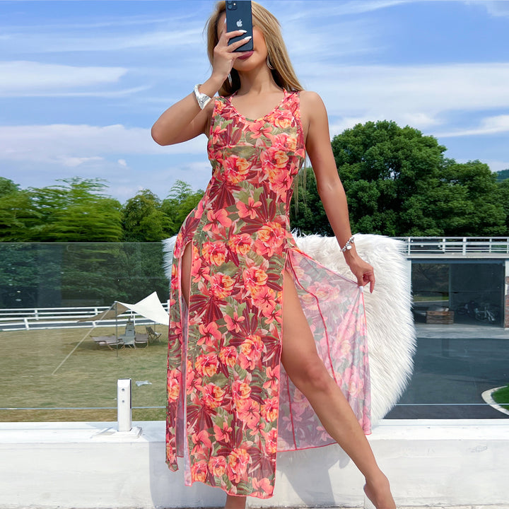Dame sommer-maxikjole med elegant blomsterprint og transparente indsatser Stilla