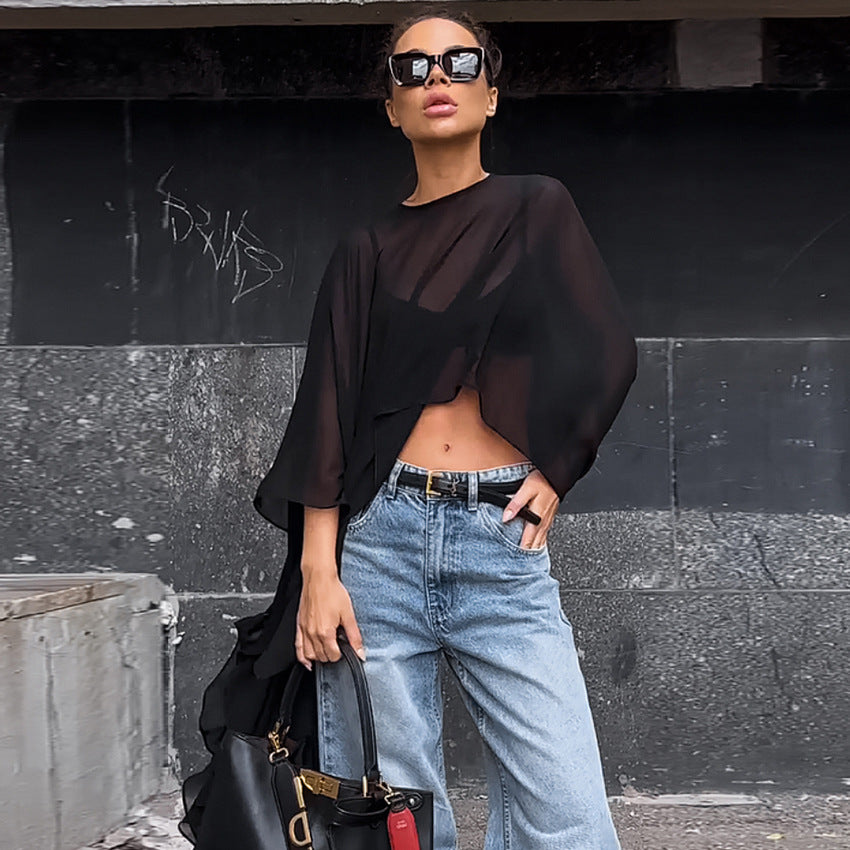 Dame Elegant Plisseret Bluse med brede Ærmer og Flæser Stilla