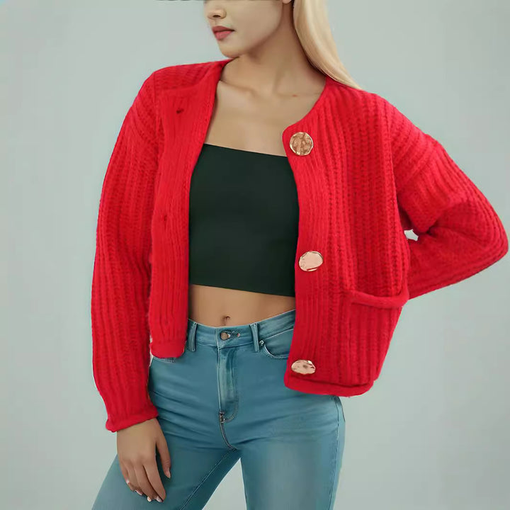 Kvinders hyggelige cardigan med store knapper og lomme med klap Stilla