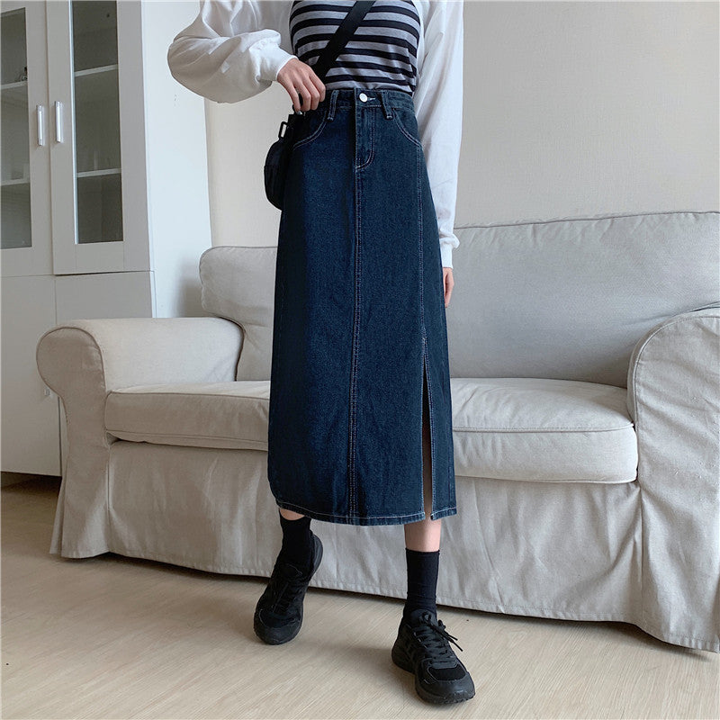 Dame Lang Denim Nederdel med Sideslids Stilla